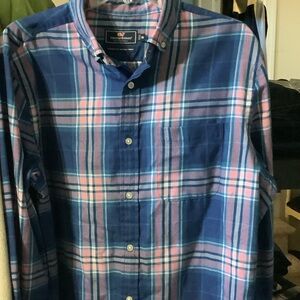 Vineyard Vines Men's Navy and Pink Plaid Murray casual buttonup‎